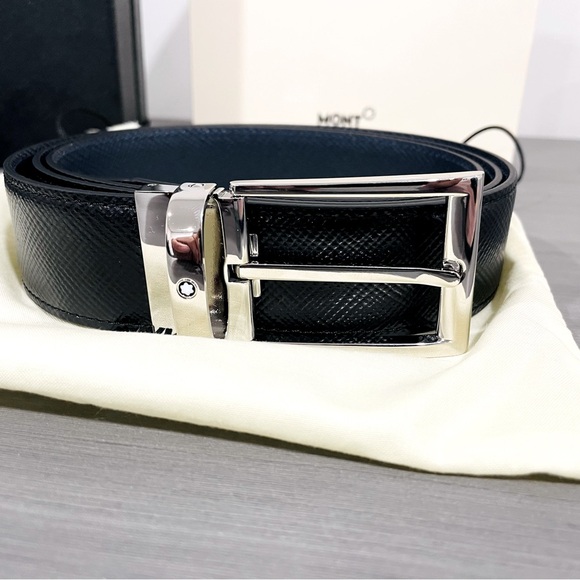 NEW Montblanc Reversable Leather Belt AUTHENTIC (Black / Blue 35mm) - Picture 2 of 5